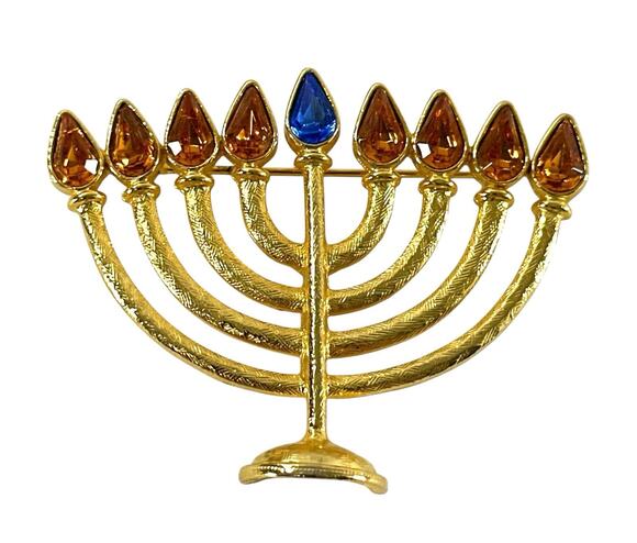 AS Jewelry - Vintage Gold Tone Menorah Hanukkah Brooch Amber Blue Rhinestone Judaica Pin